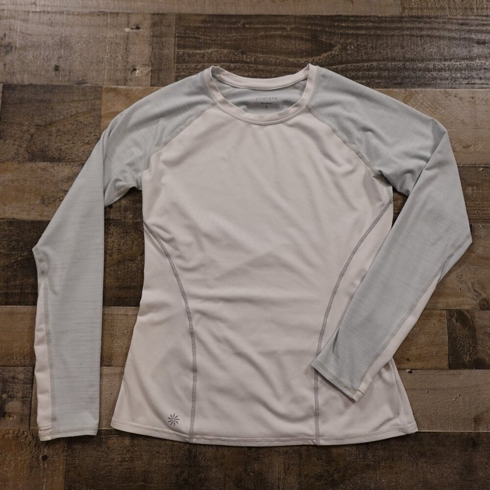 Athleta running wild crew neck long sleeve shirt women's small white off blue